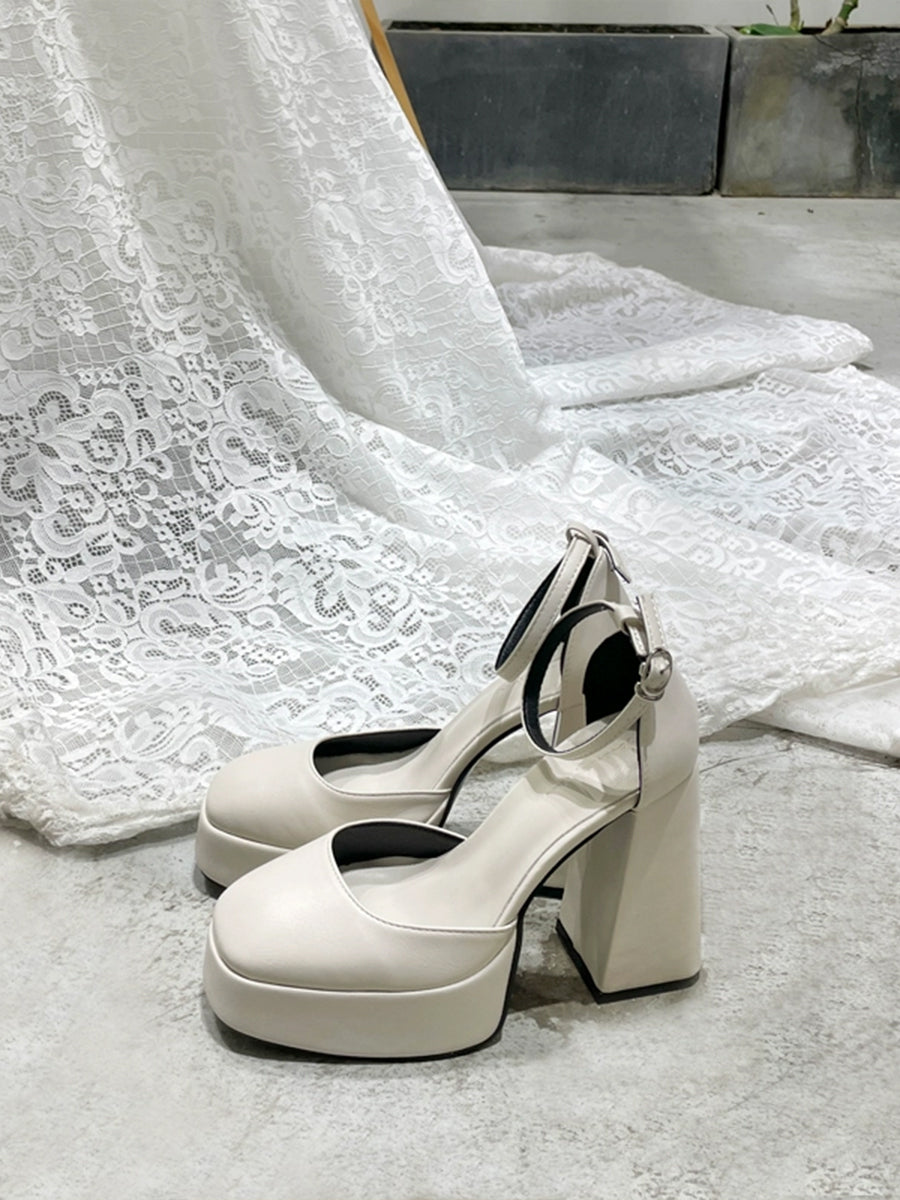 Women's Solid Color Platform Block High Heels Ankle Strap Slingback Pumps