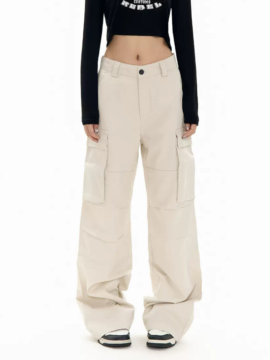 Solid Color Casual High Waist Loose Cargo Pants