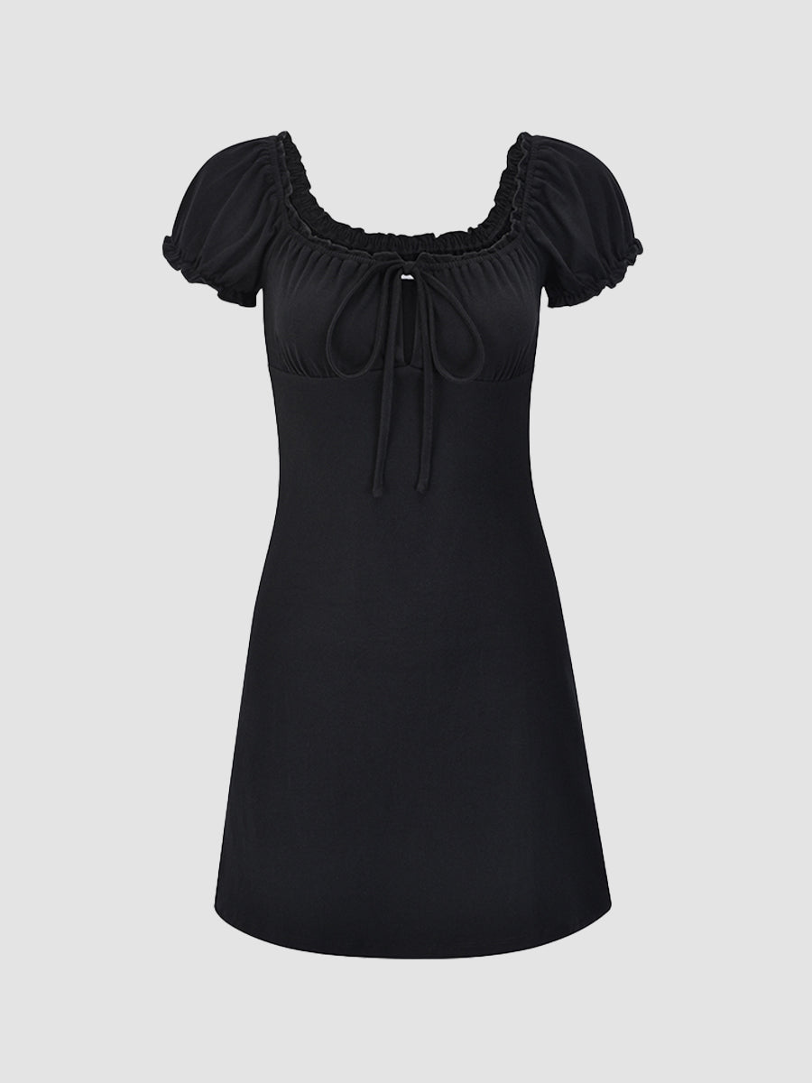 Hollow Lace Up Bubble Sleeve Black Dress