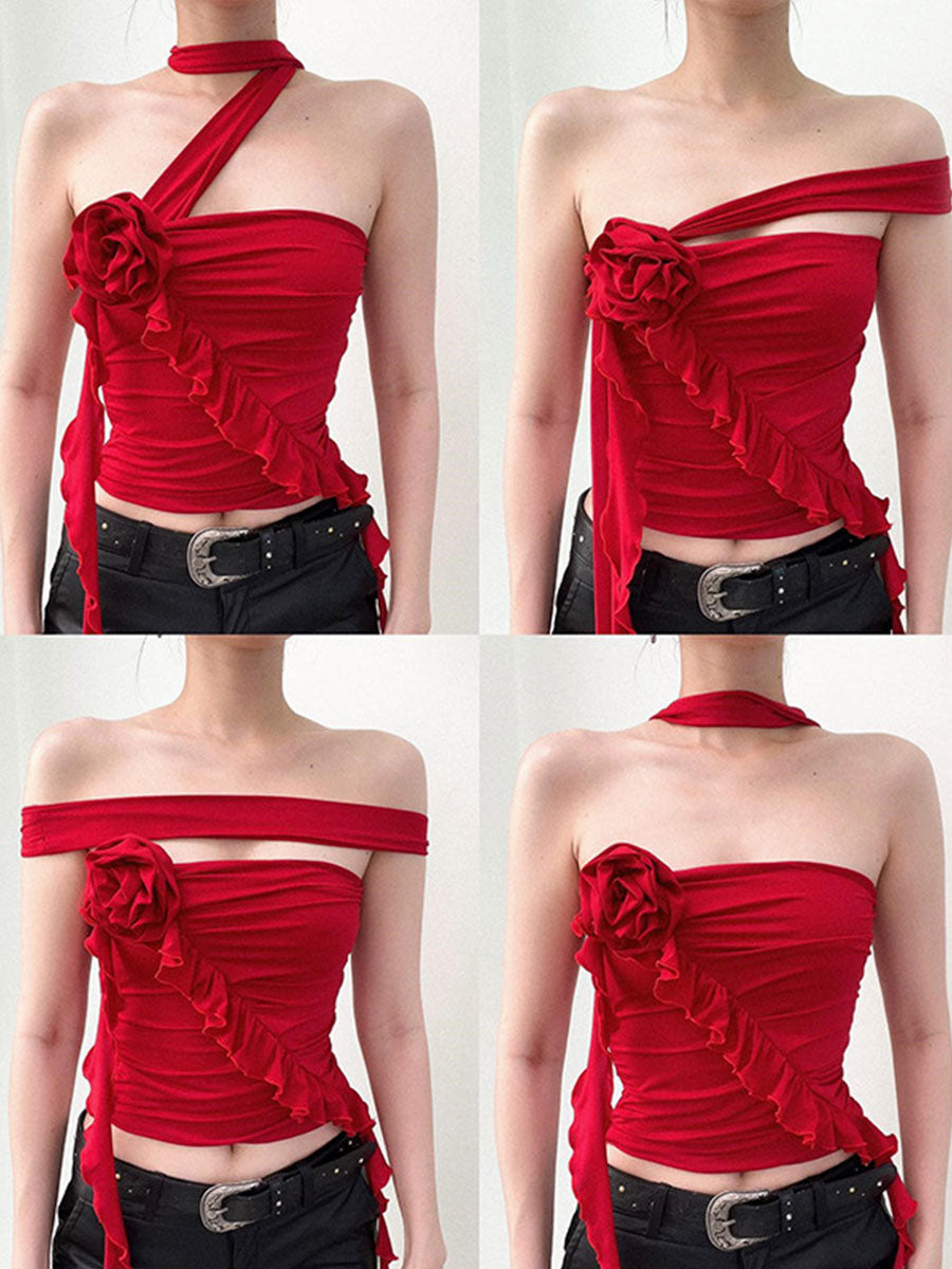 Floral Backless Lace-up Halter Top