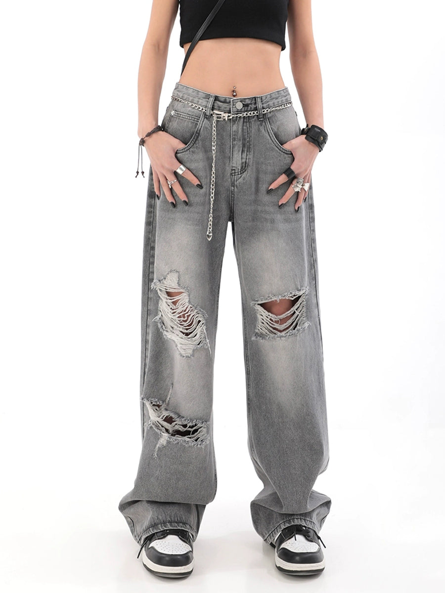 Vintage Grey Ripped Denim Straight Loose Jeans