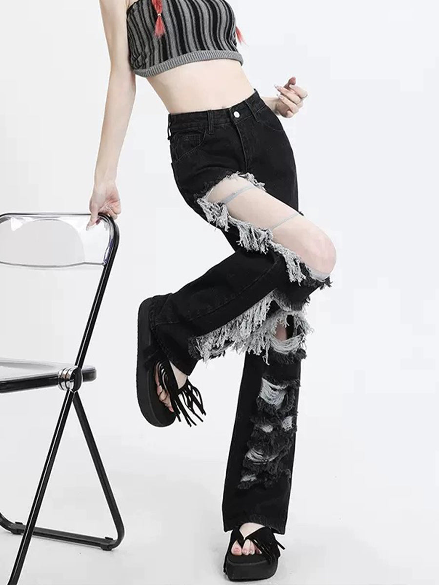 Black High-Waisted Baggy Wide-Leg Ripped Jeans