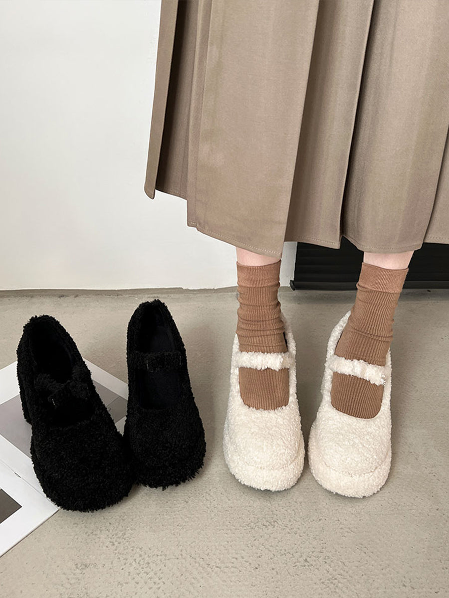 Fluffy Ankle Strap Chunky Heels Mary Jane Shoes