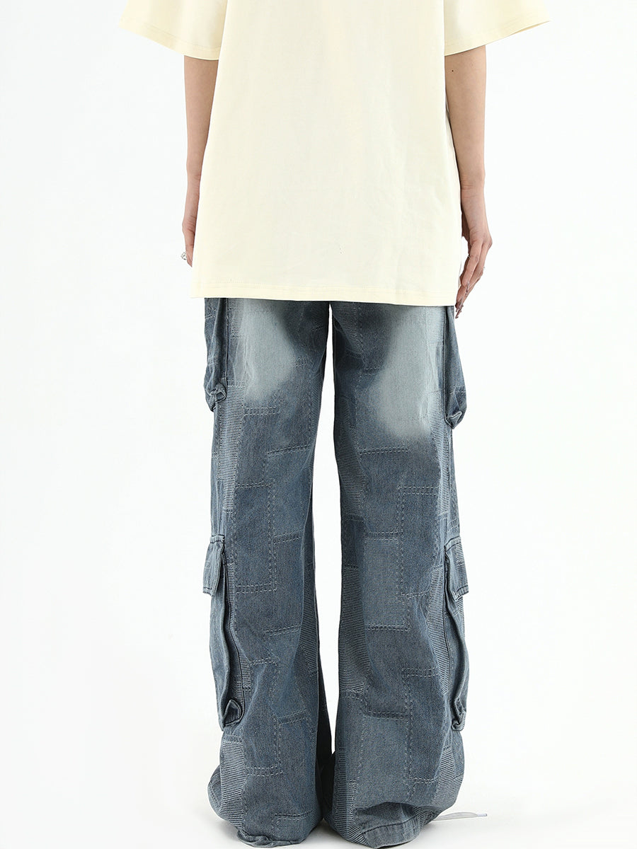 Street Blue Multi Pocket Loose Plaid Casual Jeans