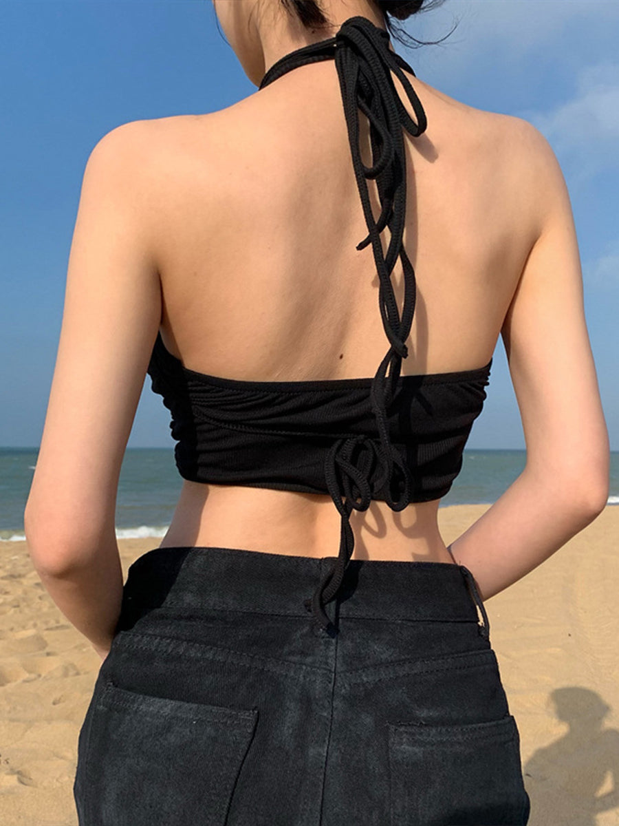 Women Lace Up Sexy Hollow Black and Grey Halter Bodysuits Two Piece Set