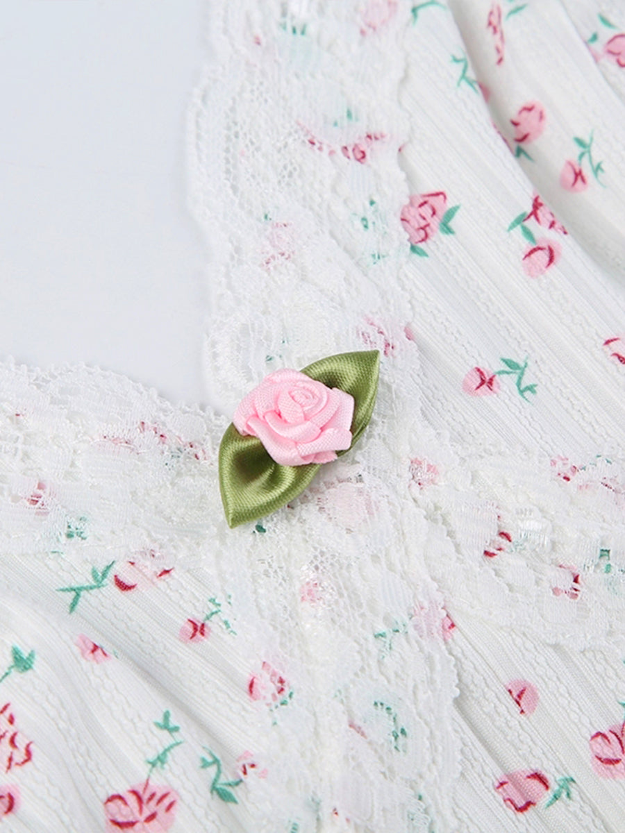 Lace Floral Print Halter/Long Sleeve Bodysuit