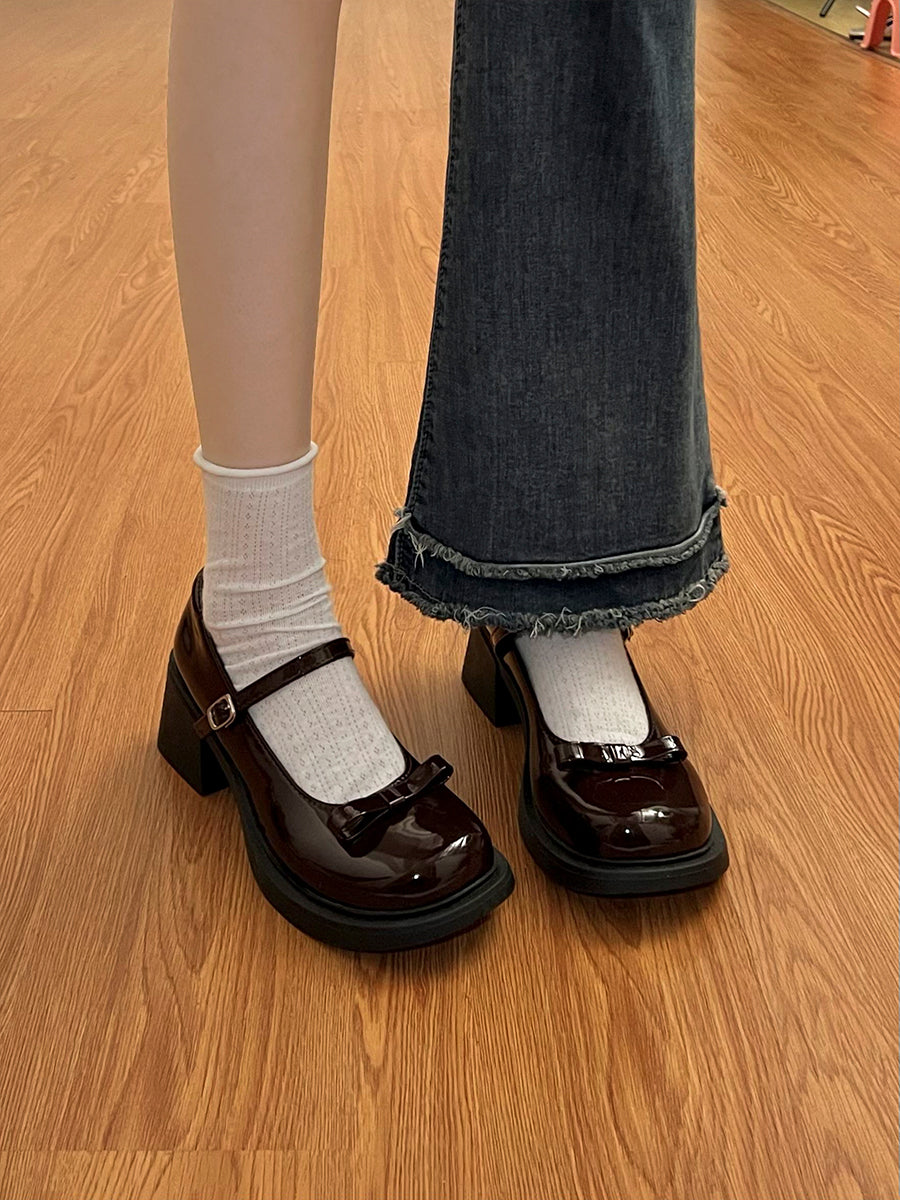 Bow Tie Round Toe Mary Jane Heels Shoes(No Socks)