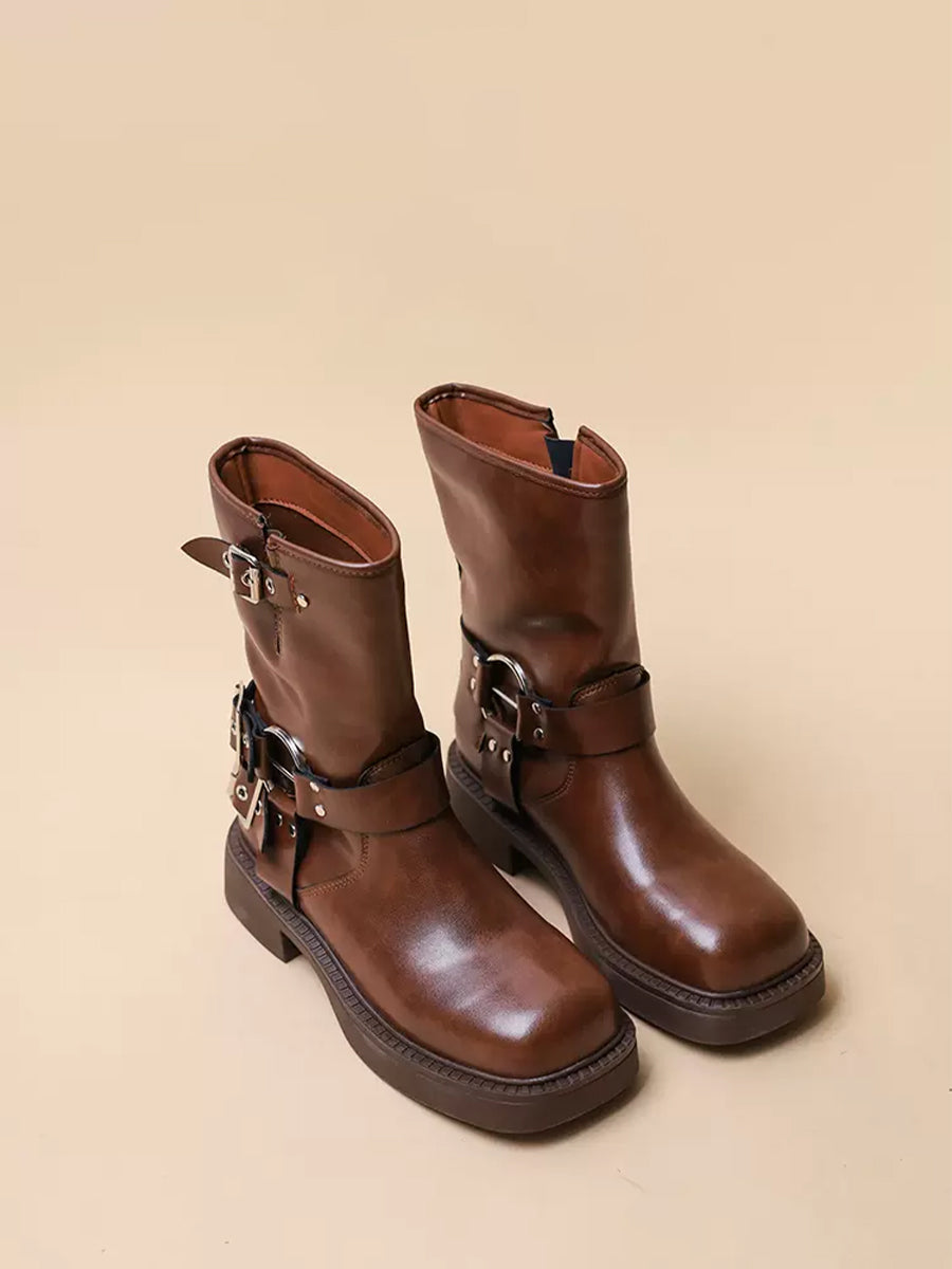 Women's Western Buckle Straps Chunky Heeled Side Zip Boots
