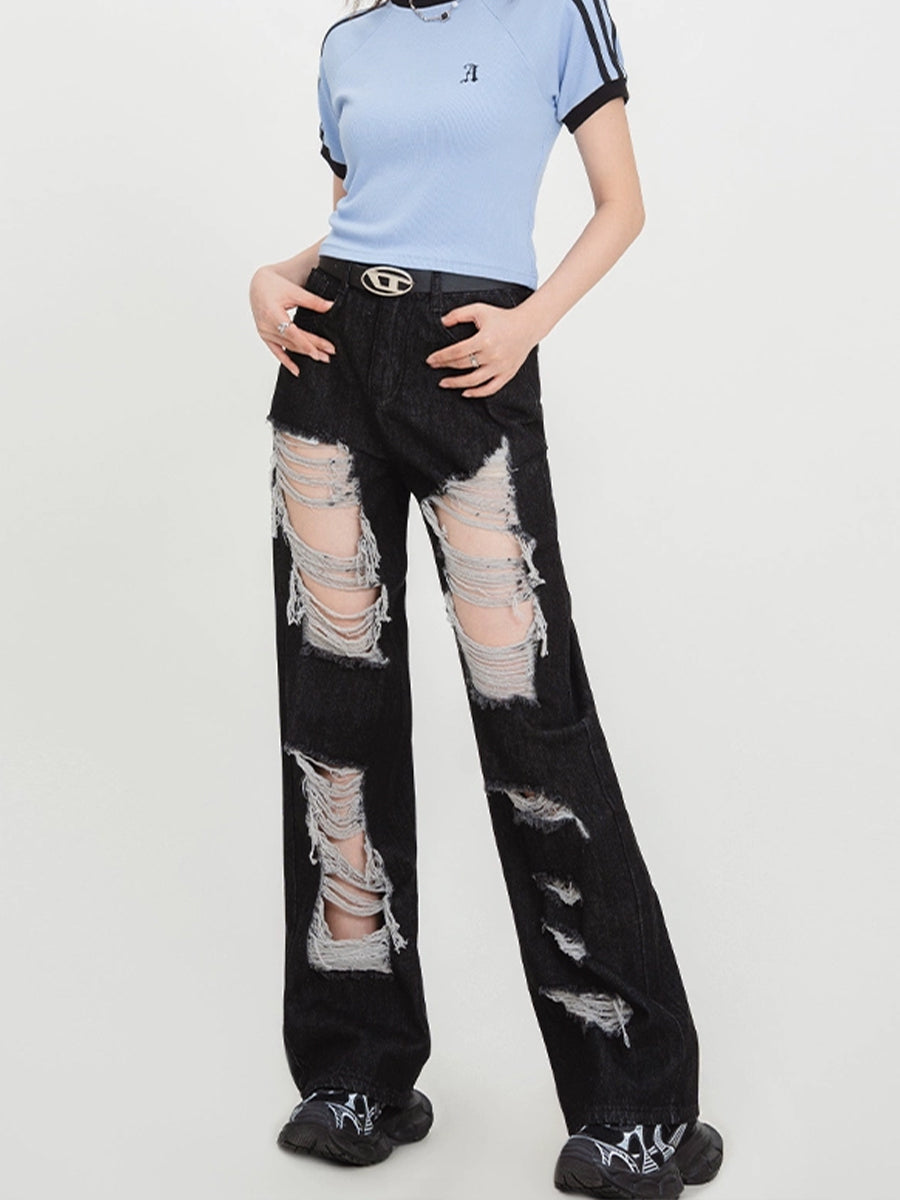 Black Ripped Straight Leg Casual Denim Jeans