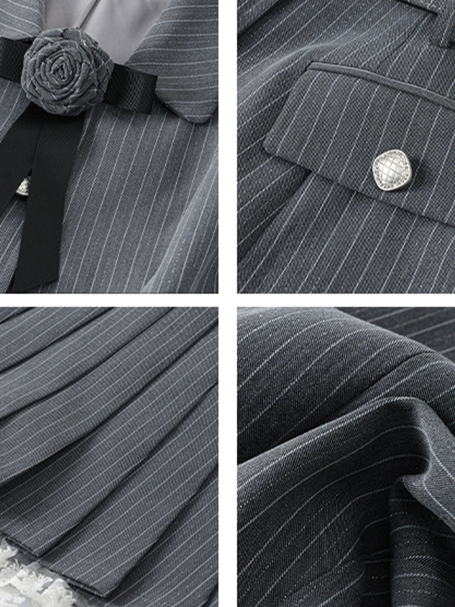 Striped Gray Top + Pleated Skirt with Tie Set