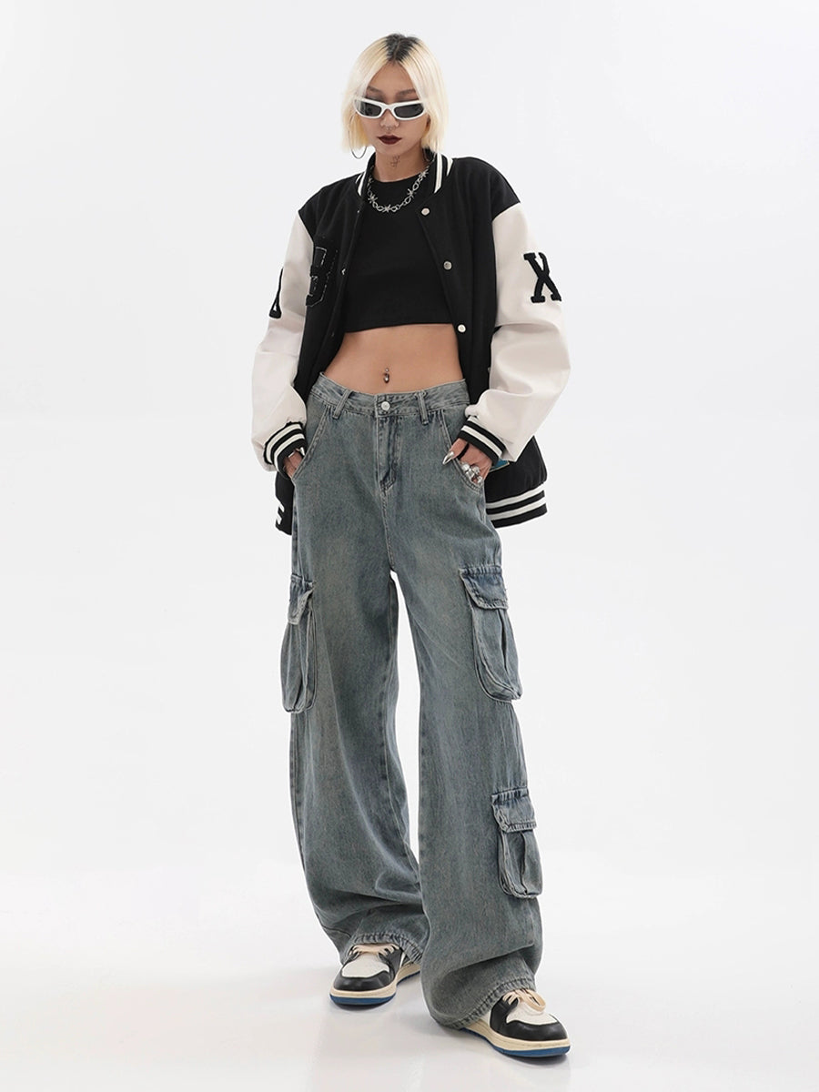 Vintage Light Blue Irregular Loose Cargo Jeans