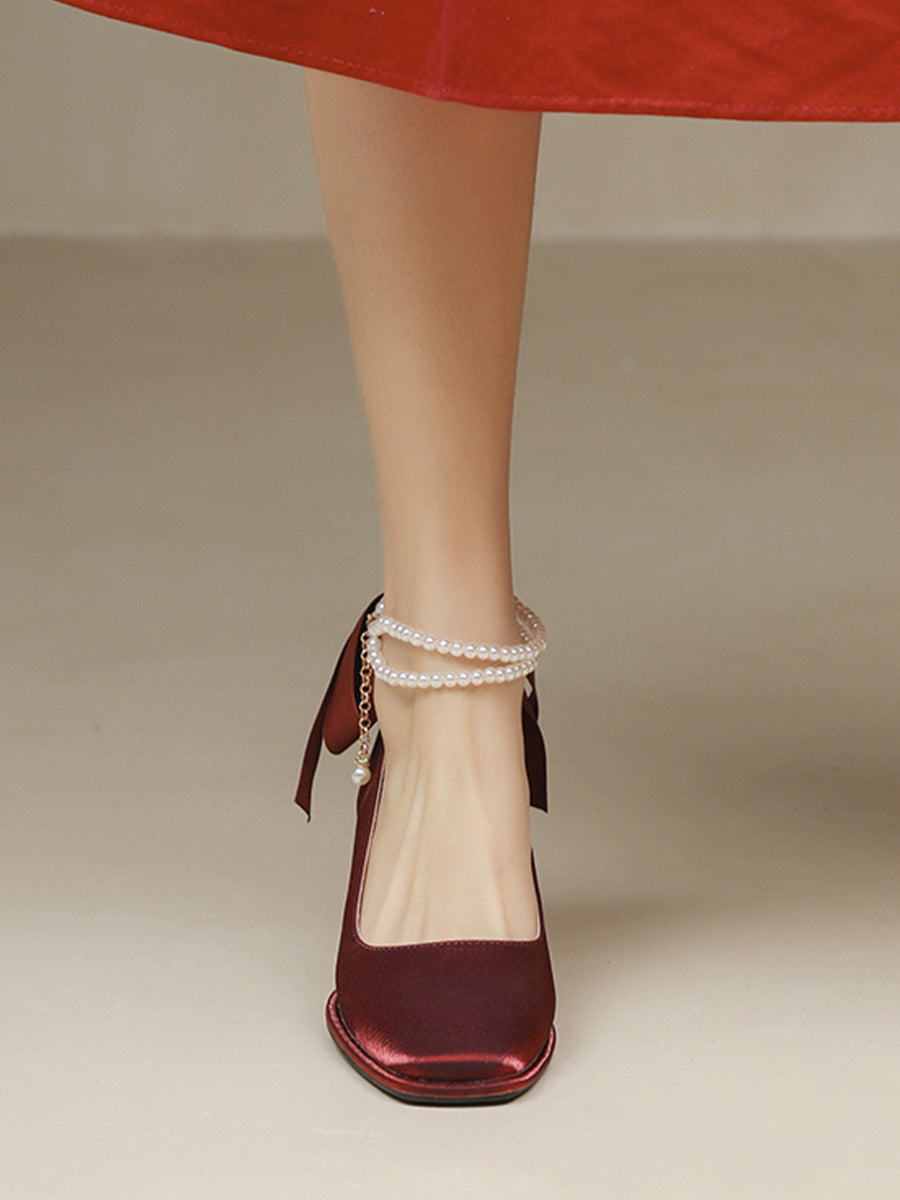 Women's Pointed Toe Chunky Heel Pumps With Pearls & Bowknots Beaded Decoration