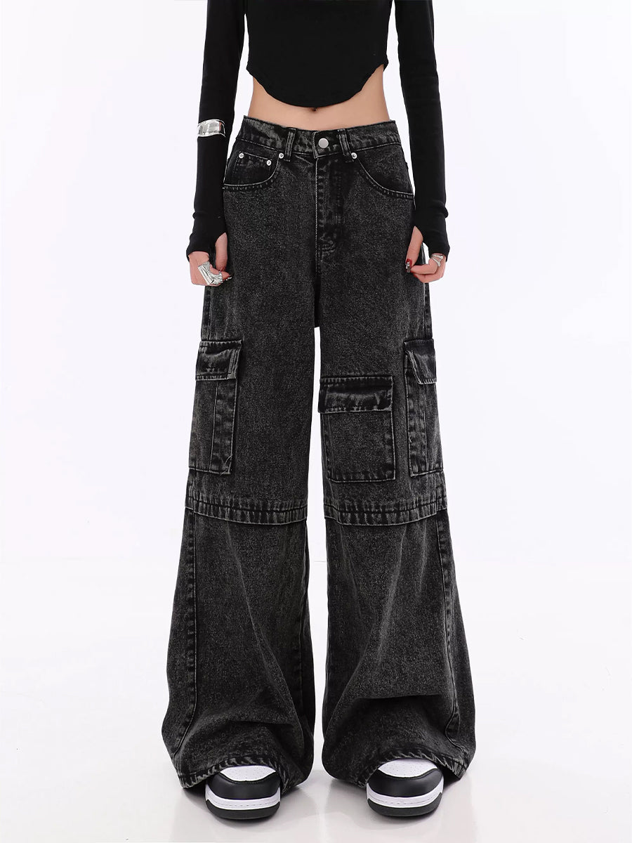 Vintage Black Irregular Loose Cargo Jeans