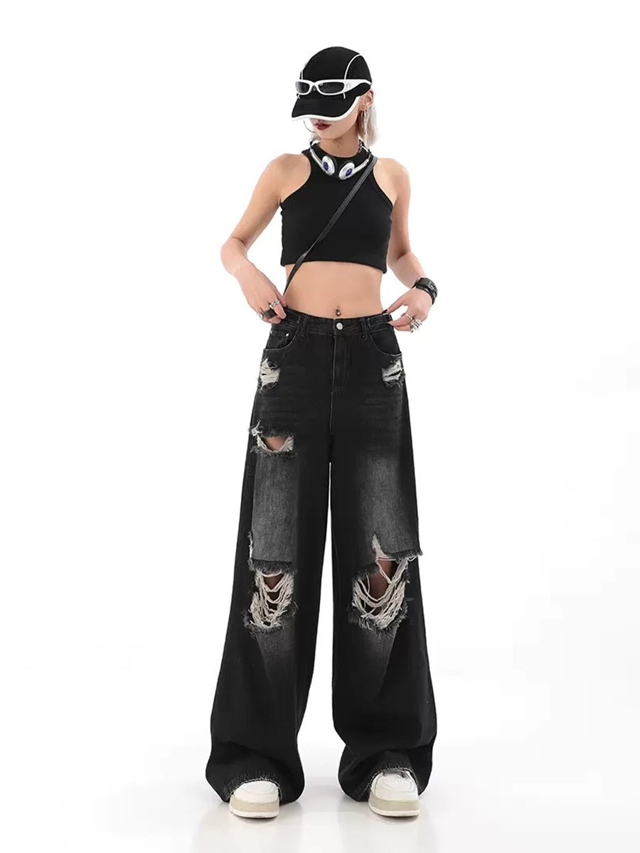 Vintage Ripped Denim Straight Loose Jeans