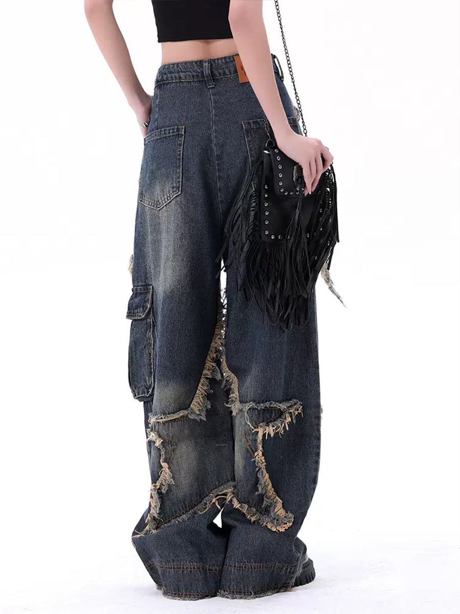 Vintage Patchwork Star Shape Raw Trim Loose Fit Jeans