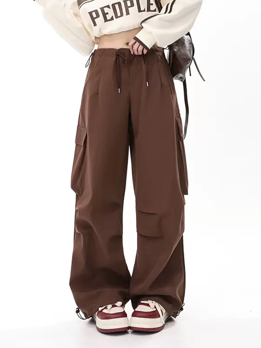 Solid Color Wide-Leg Cargo Drawstring Casual Pants