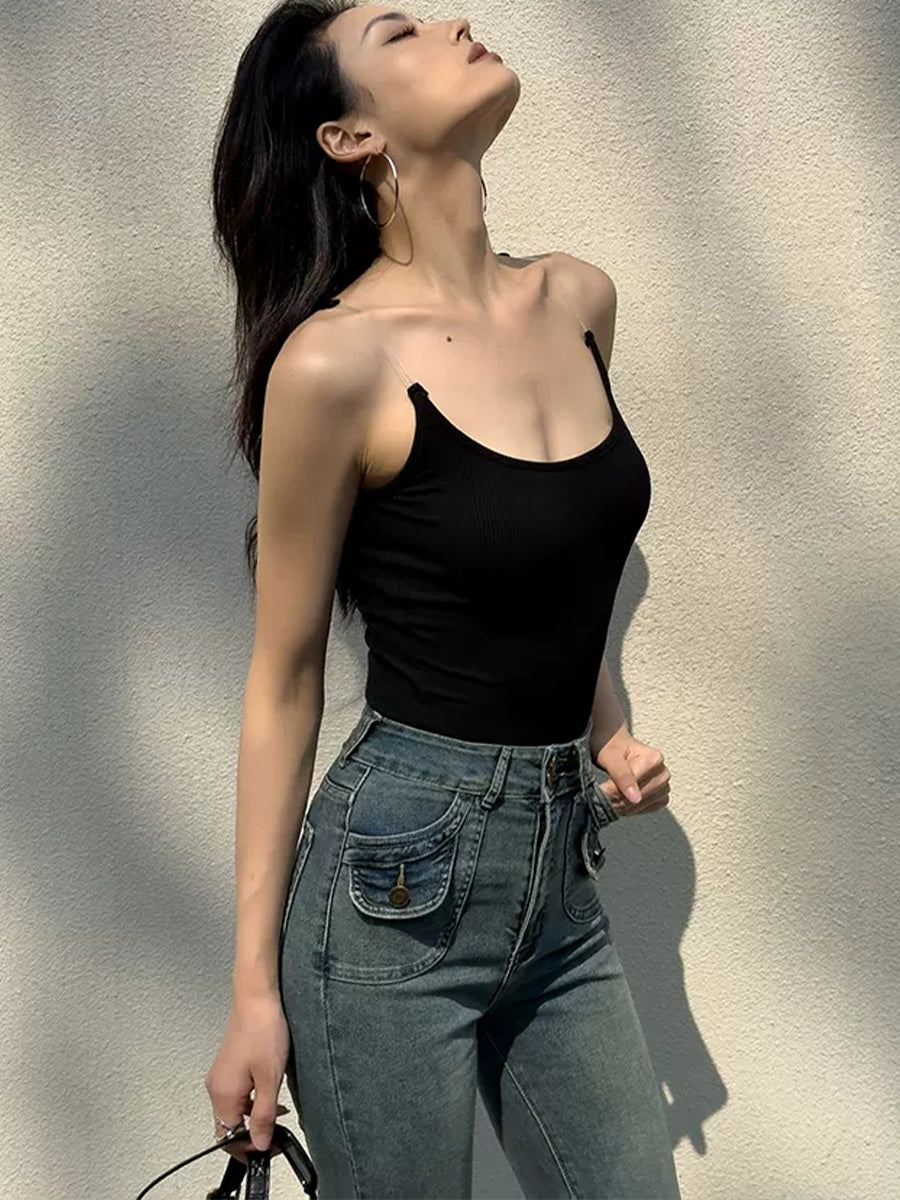 Sheer Straps Slim Sleeveless Top