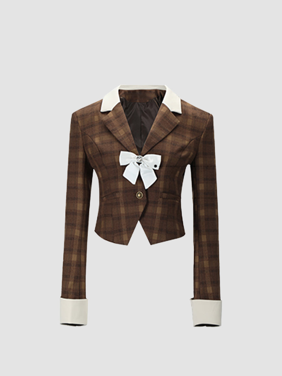 Brown Plaid Jacket Top with Bow and Plaid Pleated Skirt Set