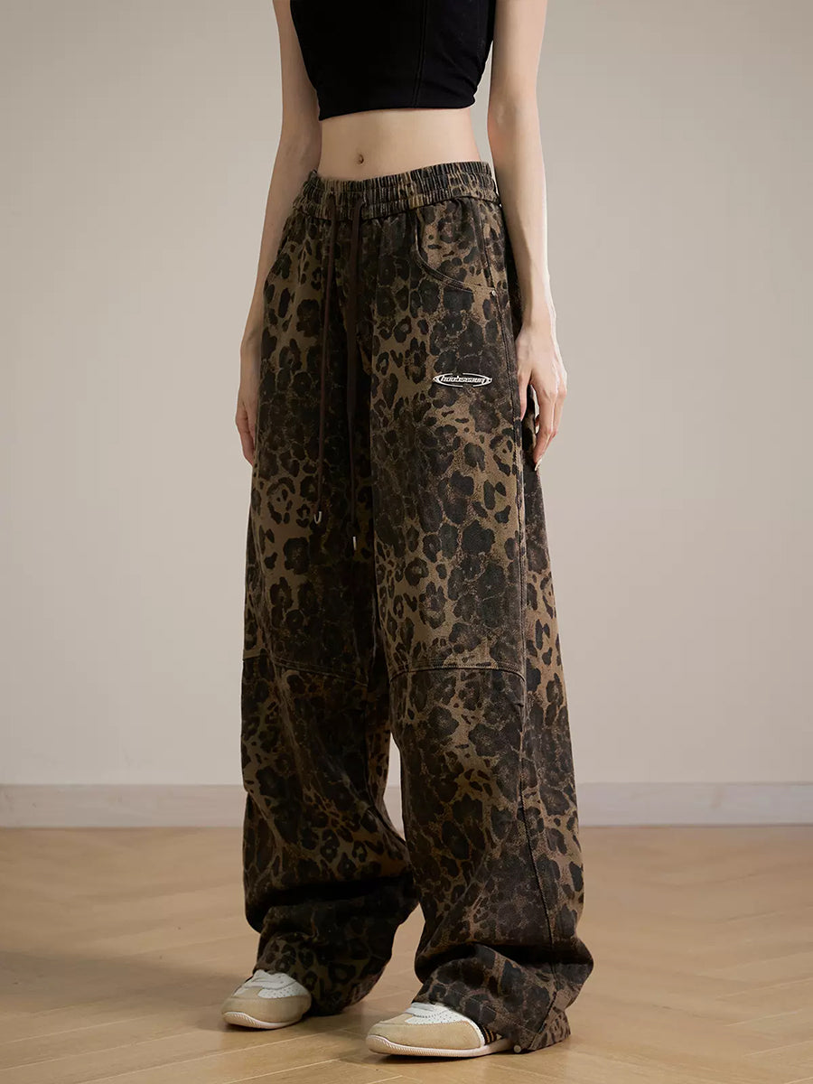 Leopard Print Hip Hop Loose Straight Elastic Banded Waist Wide Leg Pants