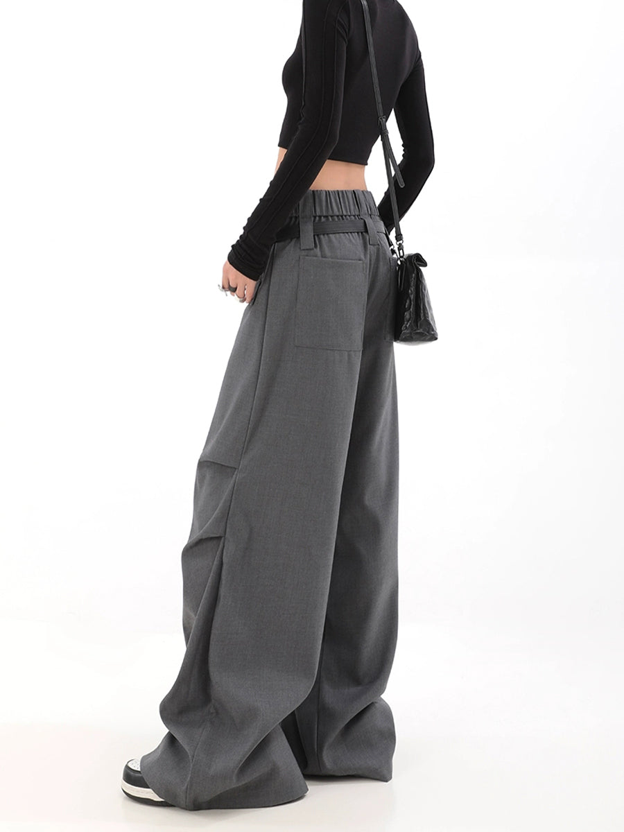 Solid Color Pleated Contour Suit Pants with Belt