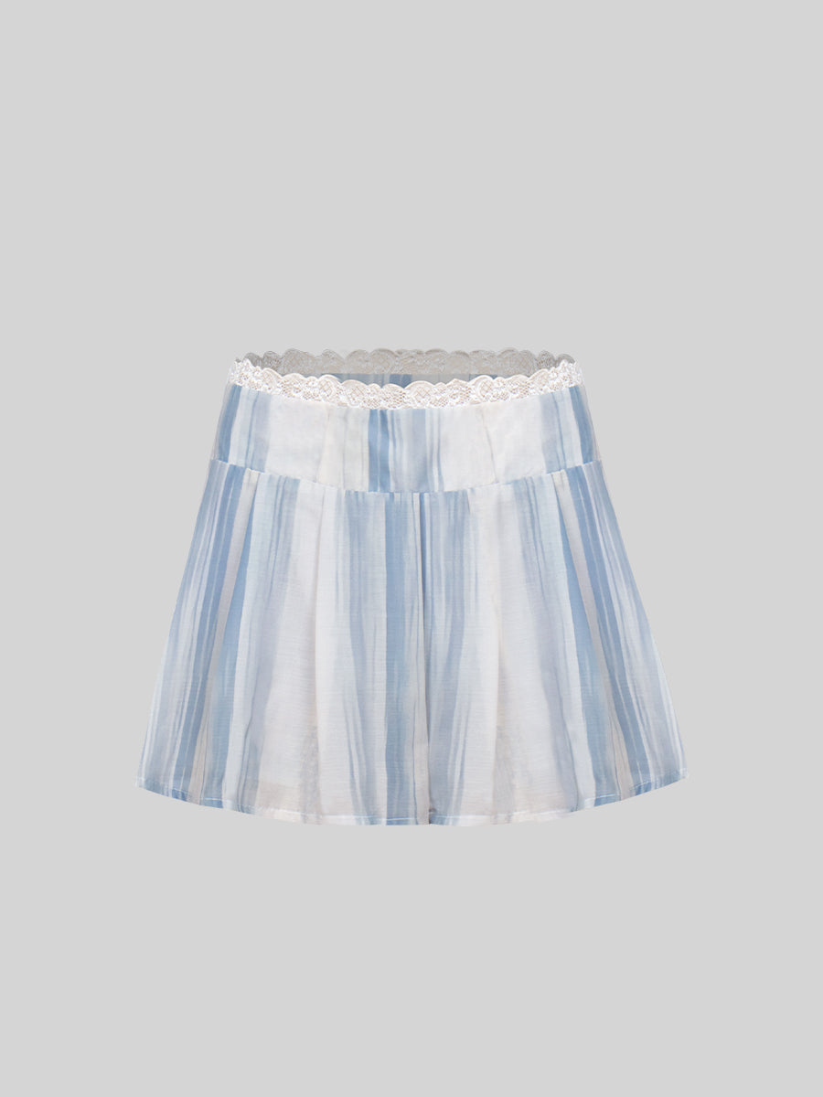 Blue Bubble Sleeve Plaid Shirt Top + Skirt Set