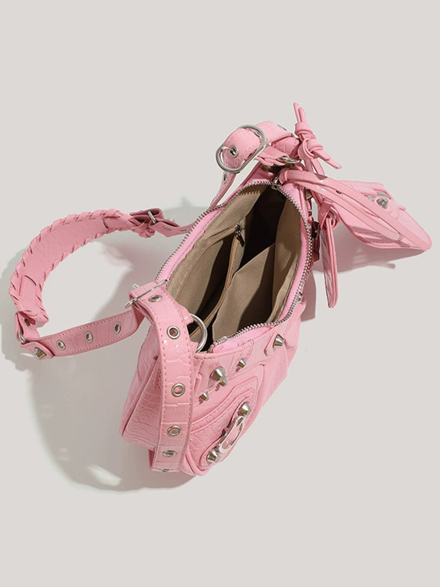 Pink Leather Croissant Bag with Mirror and Pouch