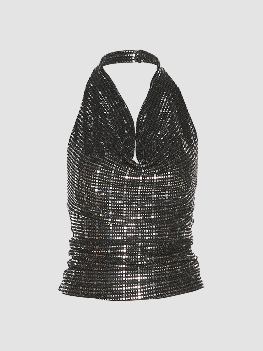Gray Sequined Slim Halter Top