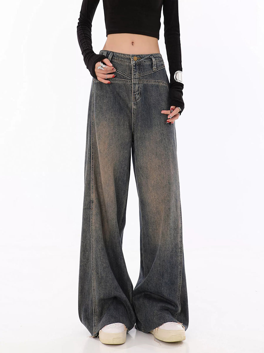 Vintage Relaxed Fit Grey Raw Edge Hem Denim Jeans