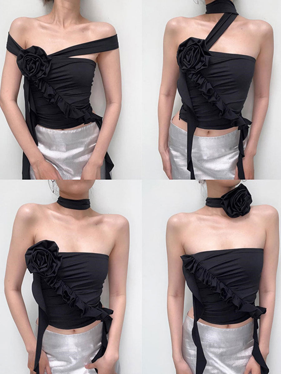 Floral Backless Lace-up Halter Top