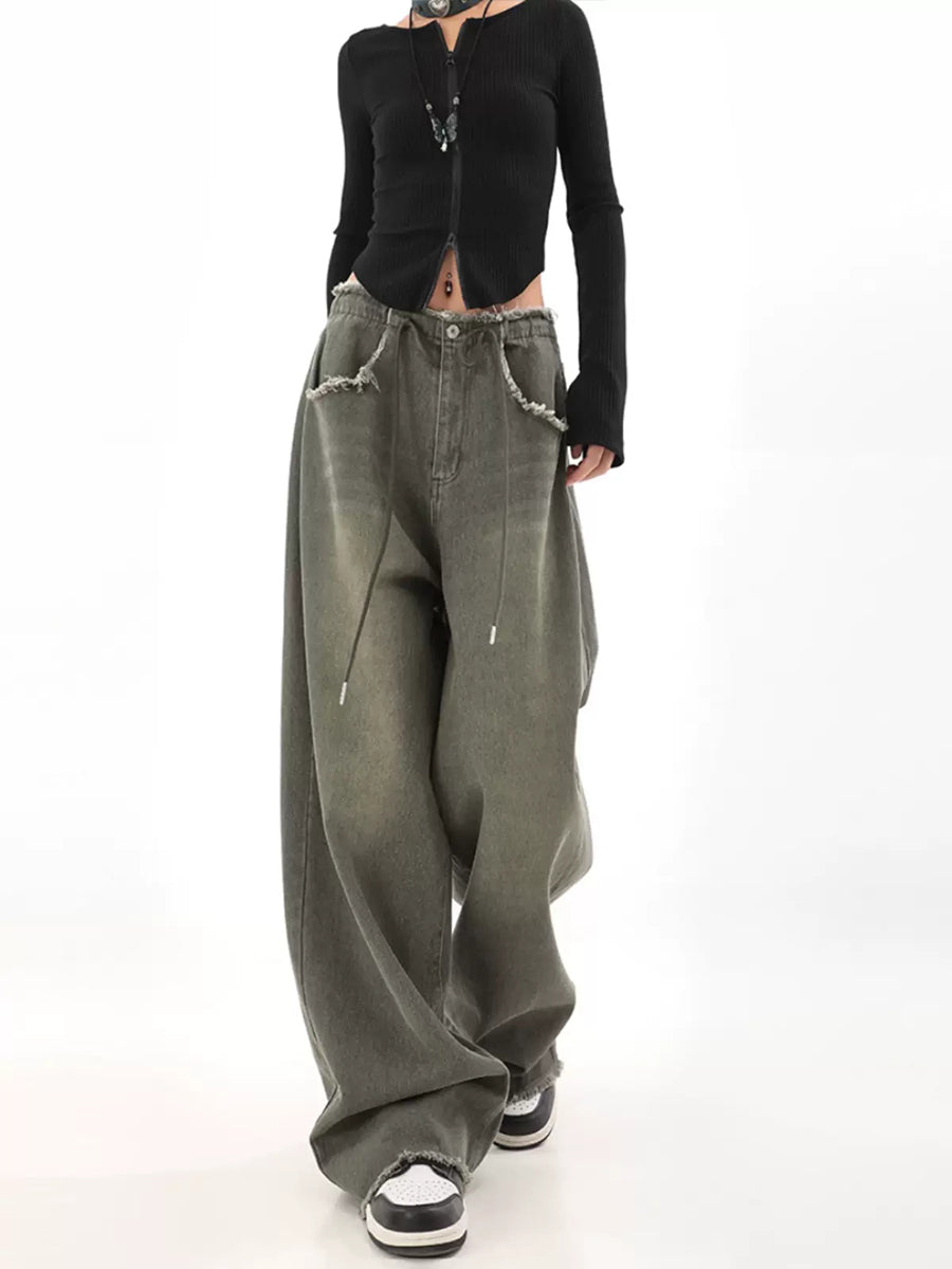 Loose Straight Raw Edge Denim Jeans