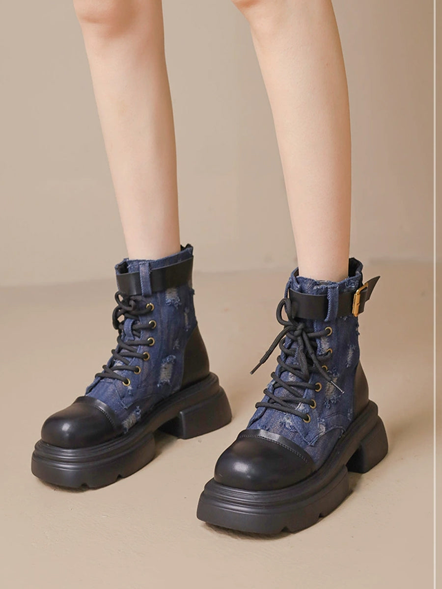 Women's Western Vintage Ribbed Patchwork Sock Style Denim Slip Resistant Sole Chunky Heel Ankle Boots