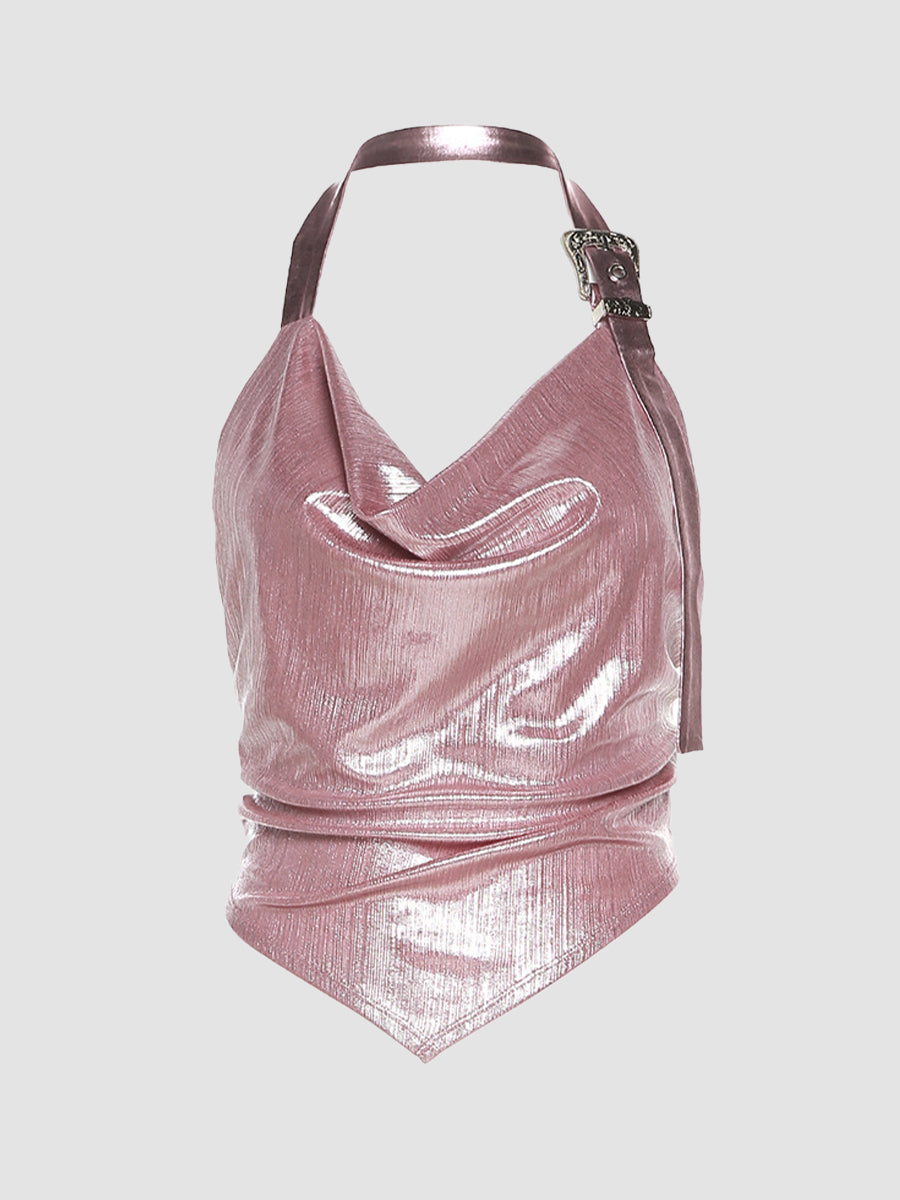 Pink Grey Shiny Leather Buckle Halter Top