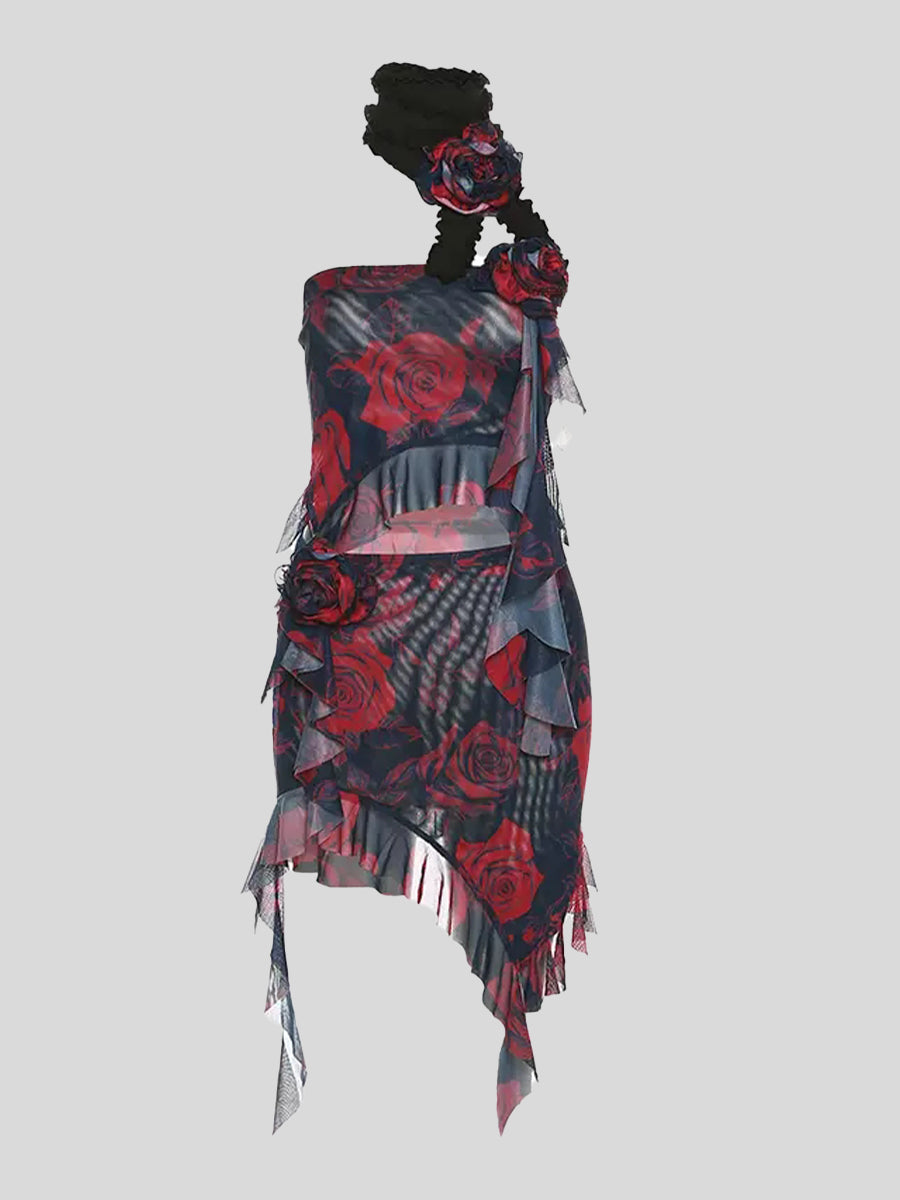 Floral Printed Rose Accessory Slim Fit Strapless Top+Skirt+Rose Choker Two Piece Suit