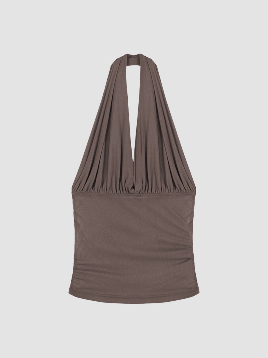 Solid Color Sleeveless Mesh Halter Top