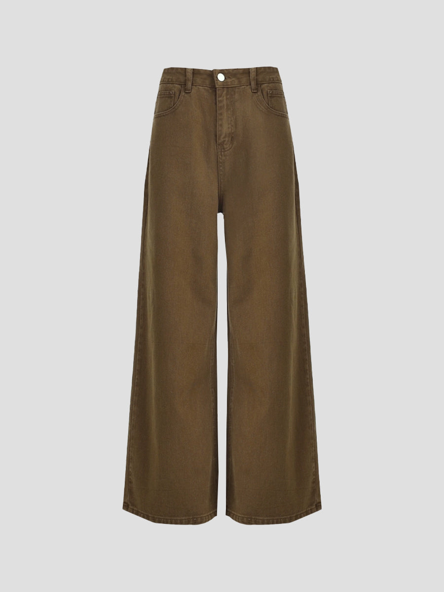 Solid Color Loose Fit Denim Long Pants
