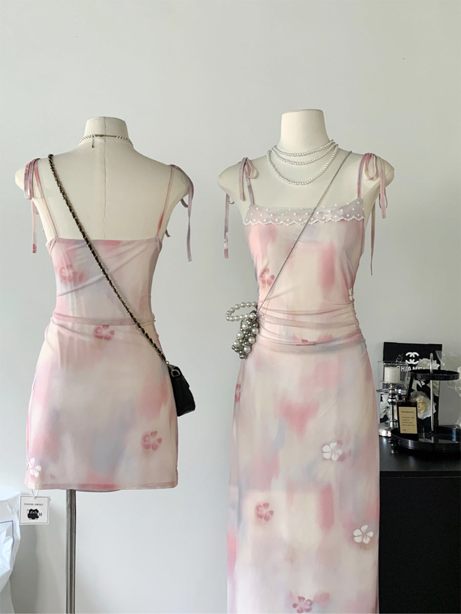Lace Trim Cami Top Tight Strappy Pink Floral Cami Dress Short/Long