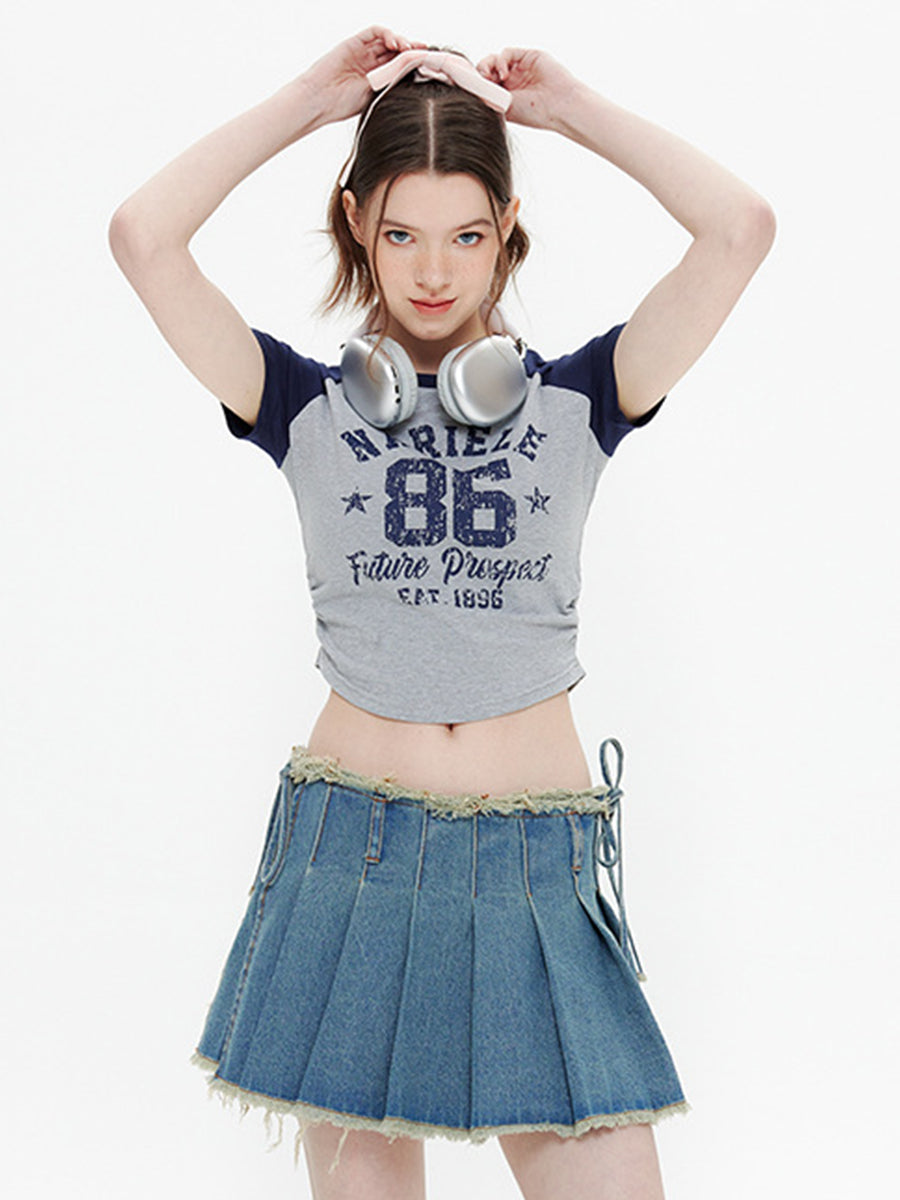 Pleated Print Short Sleeve Top