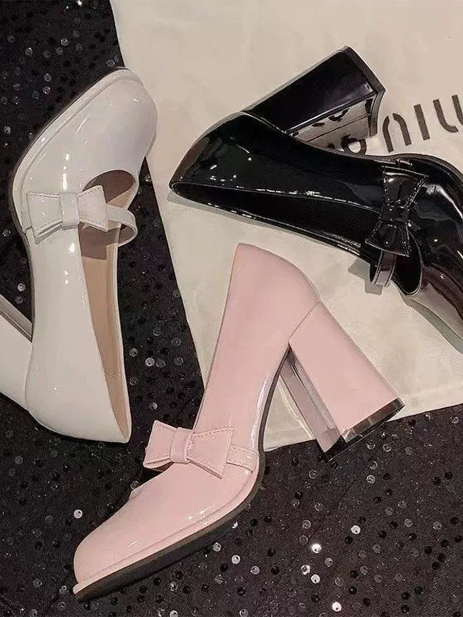 Bow Tie Decoration Chunky Heeled Ankle Strap Mary Jane Pumps Shoes