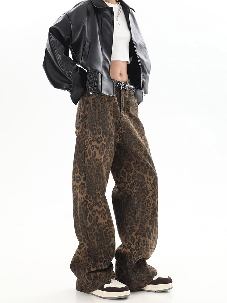 Leopard Print Hip Hop Loose Fit Denim Jeans