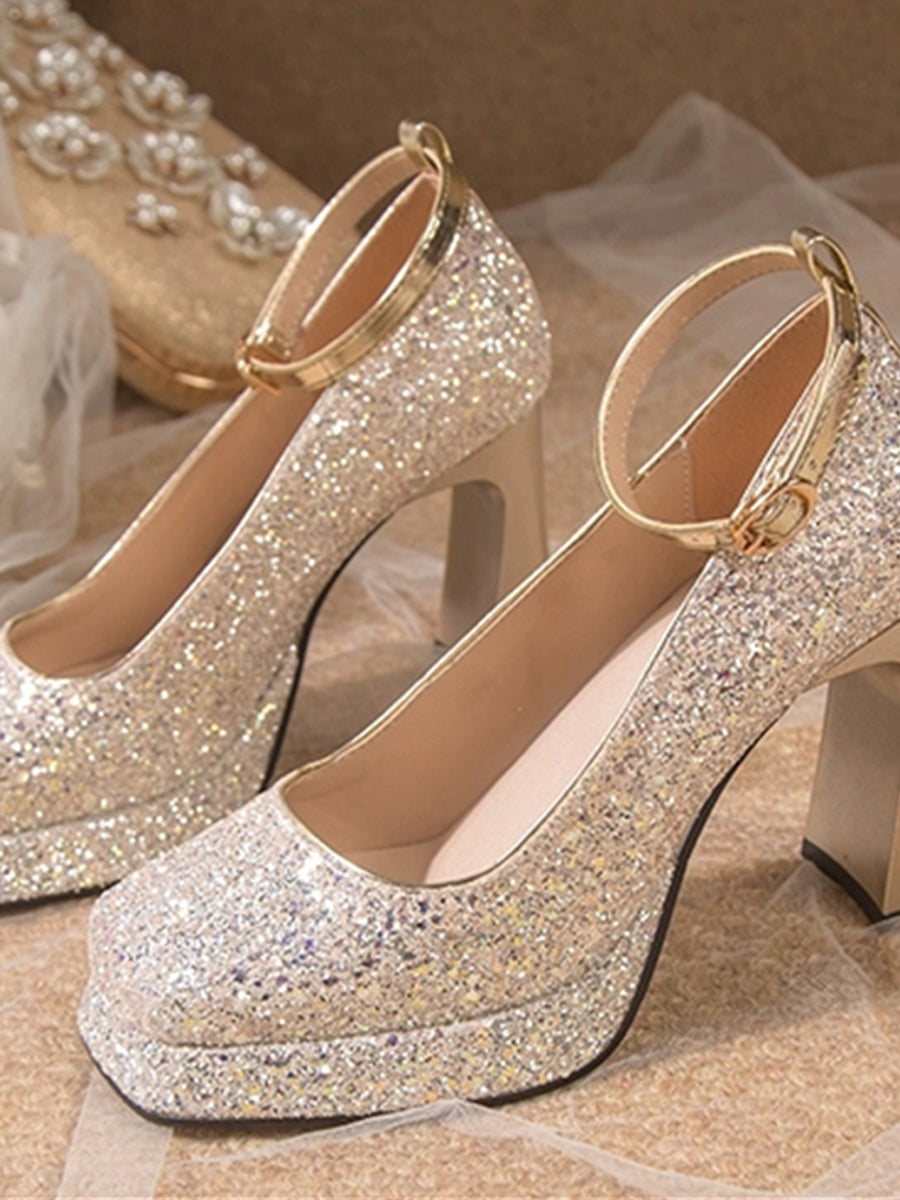 Rhinestone Square Toe Mary Jane Heels Pumps