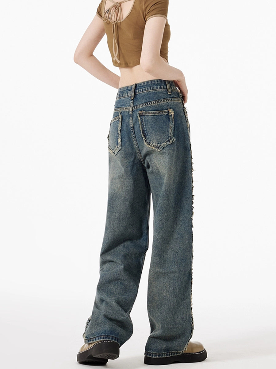 Irregular Pocket Loose Raw Trim Blue Jeans