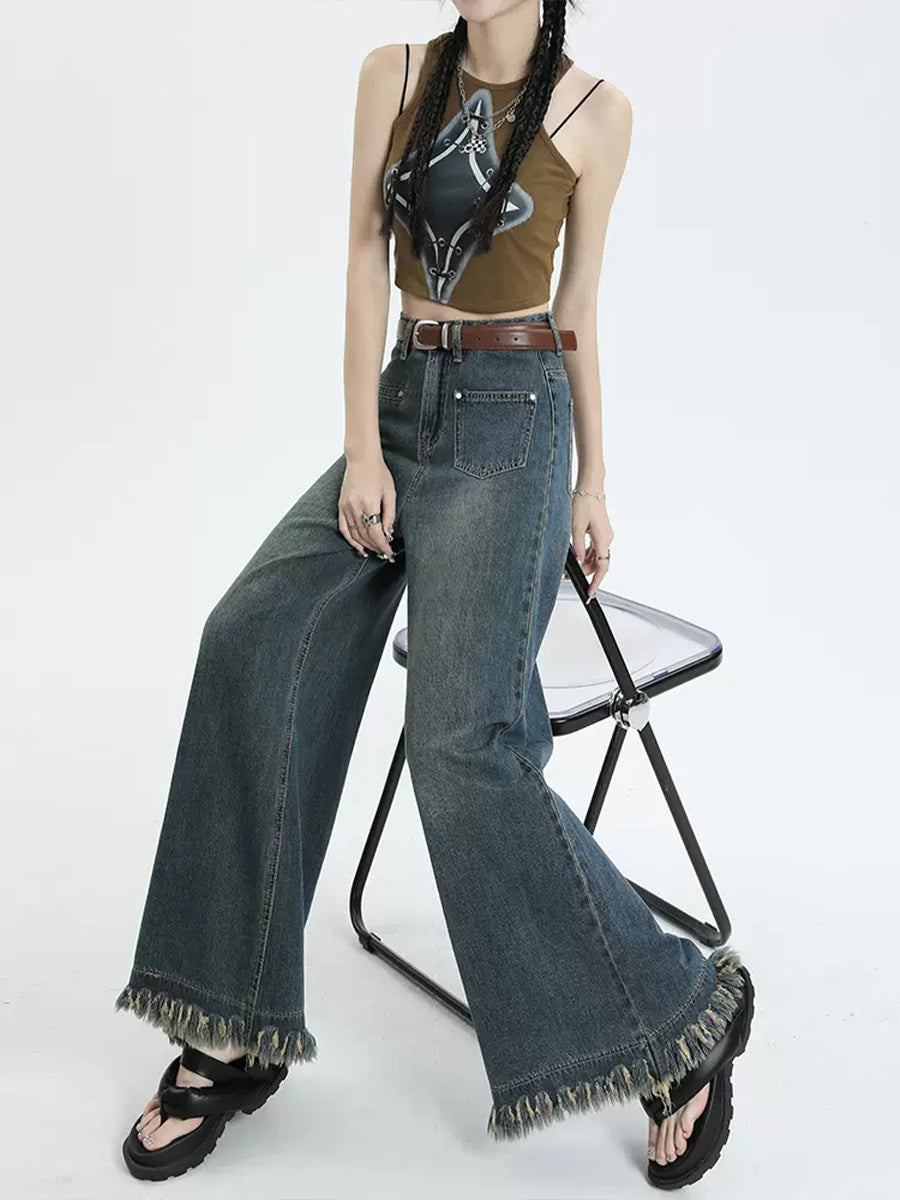 Solid Color Denim Wide Leg Jeans Pants