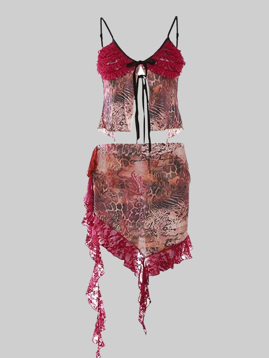 Red Lace Patchwork Print Chiffon Camisole Top + Skirt Two Piece Set