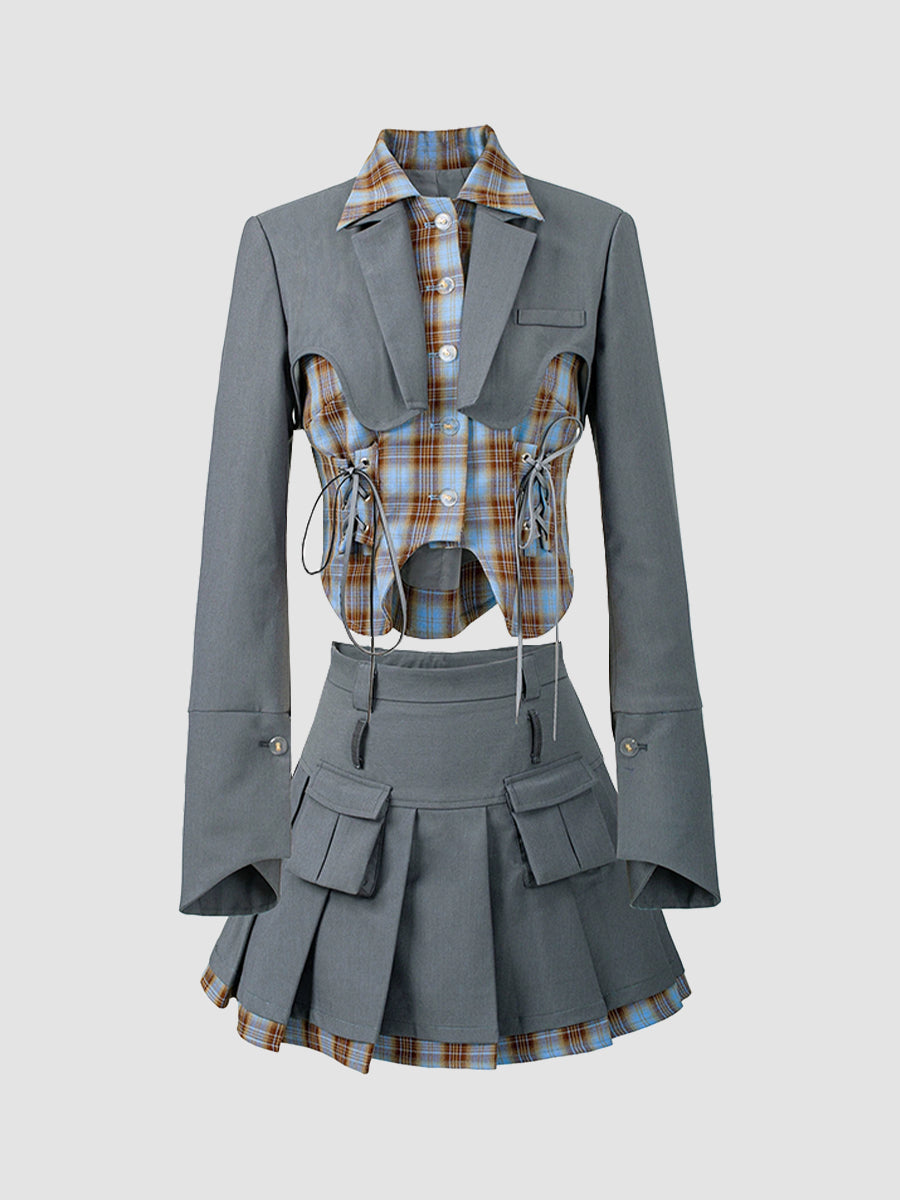 Fake Two Piece Suit Shirt Top + Pleated Skirt Set