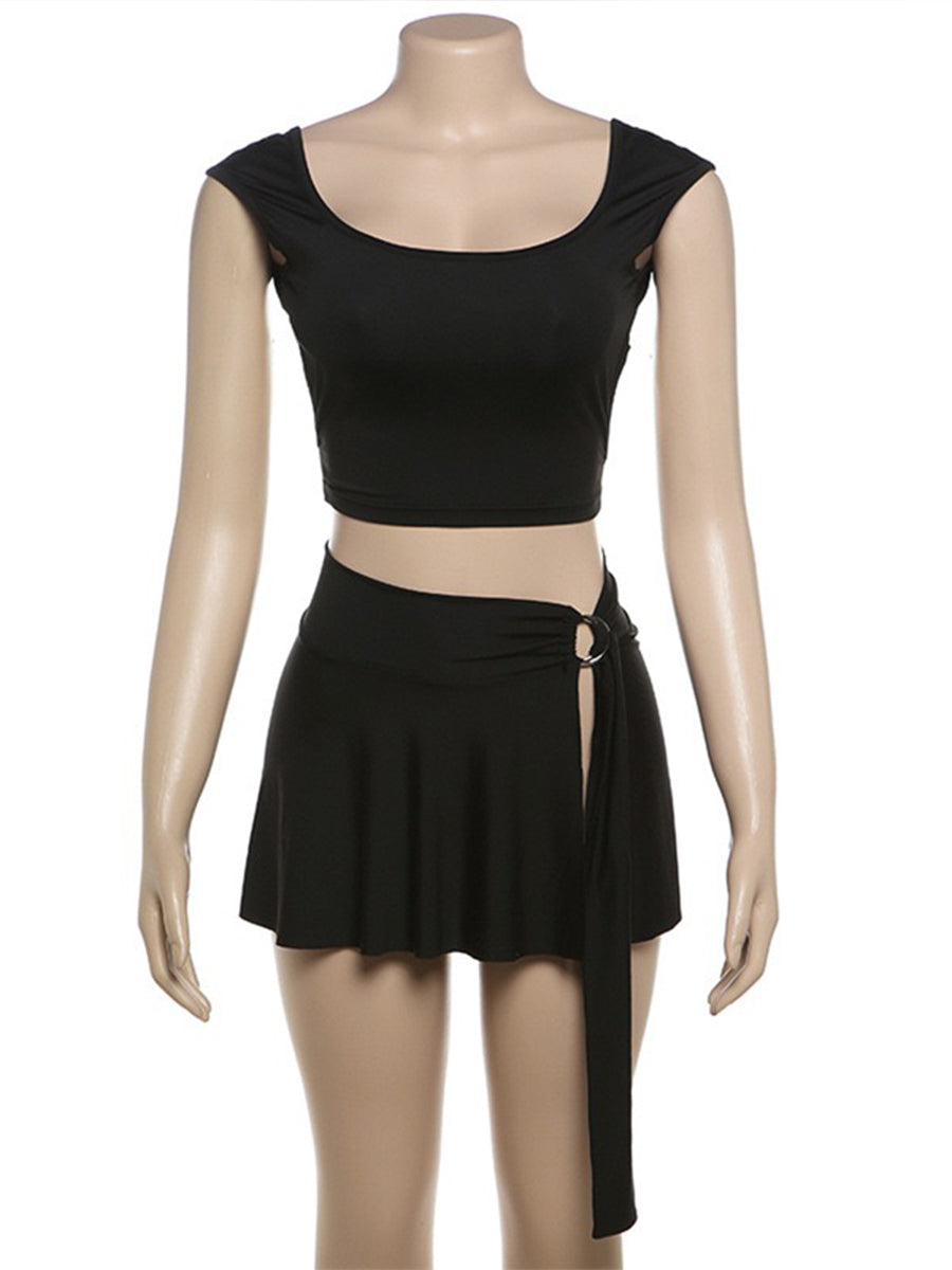Solid Color Backless Skinny Short Cami Top + Unlined Skirt Two Piece Set