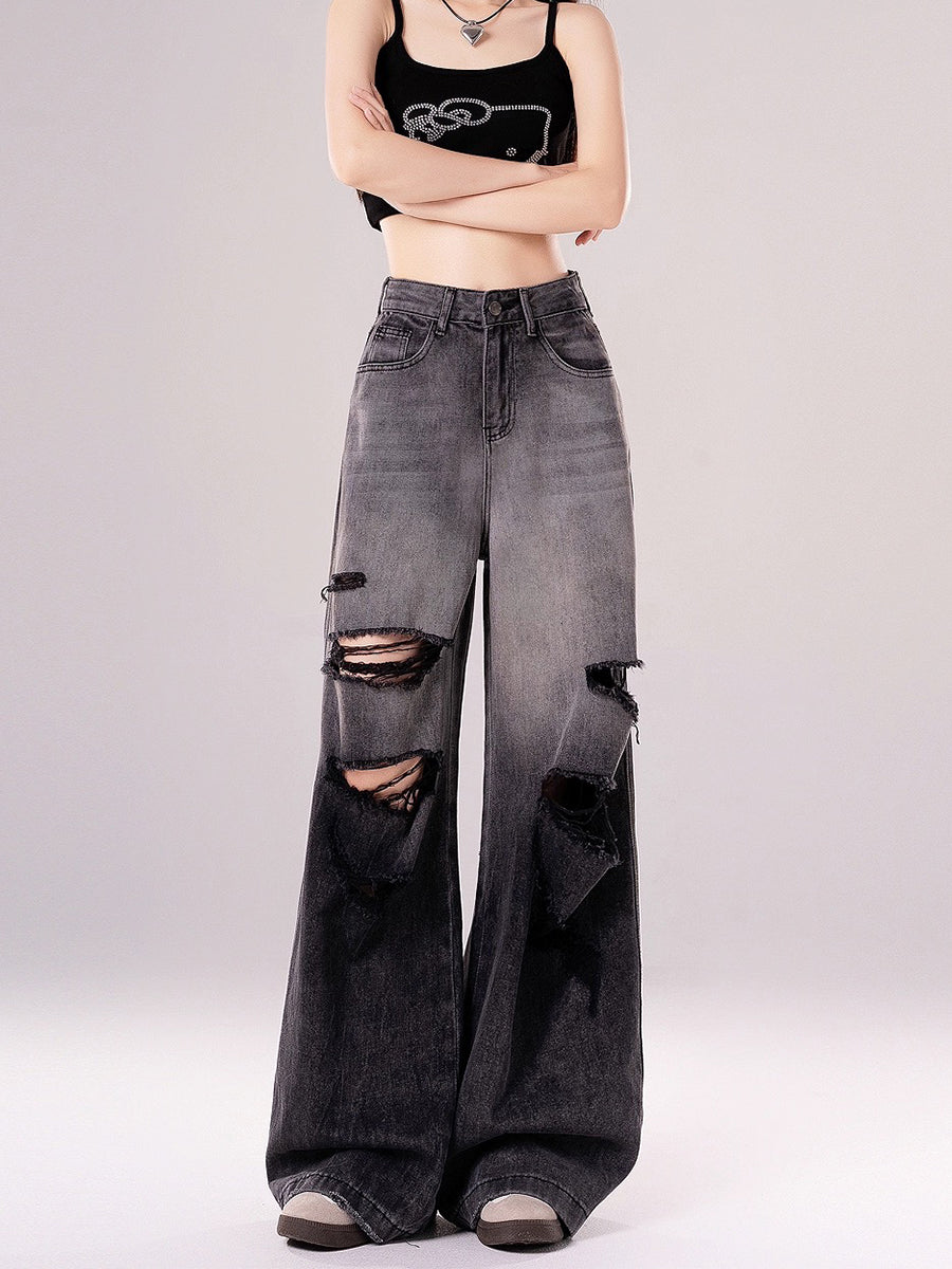 High Waisted Loose Distressed Ripped Denim Jeans
