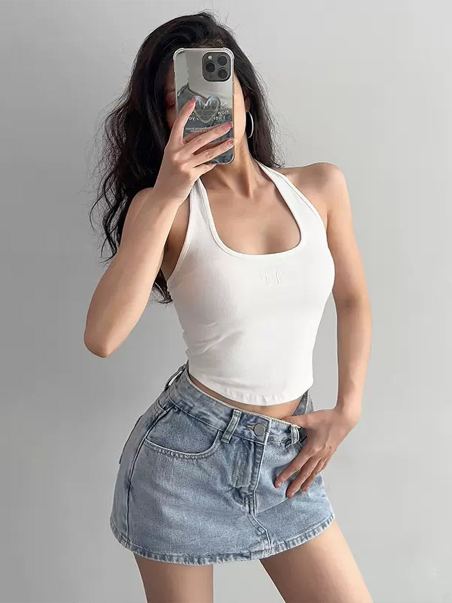 Solid Color Backless Halter Top