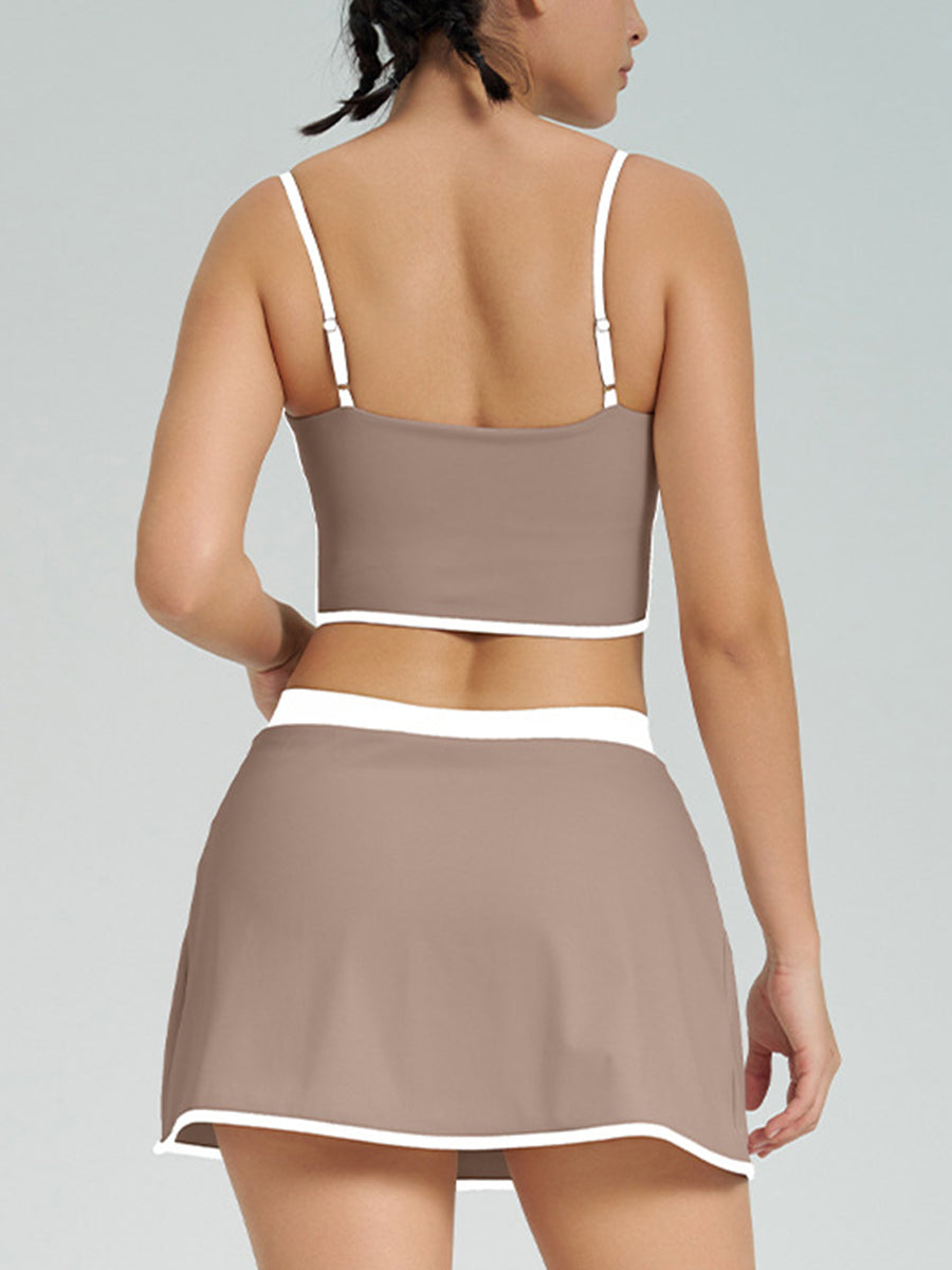 2pcs Sports Cami Sports Skirt Color Contrast Yoga Suit Workout Set Women Tennis Set
