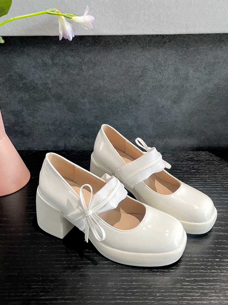 Ribbon-tie Mary Jane Pumps in White