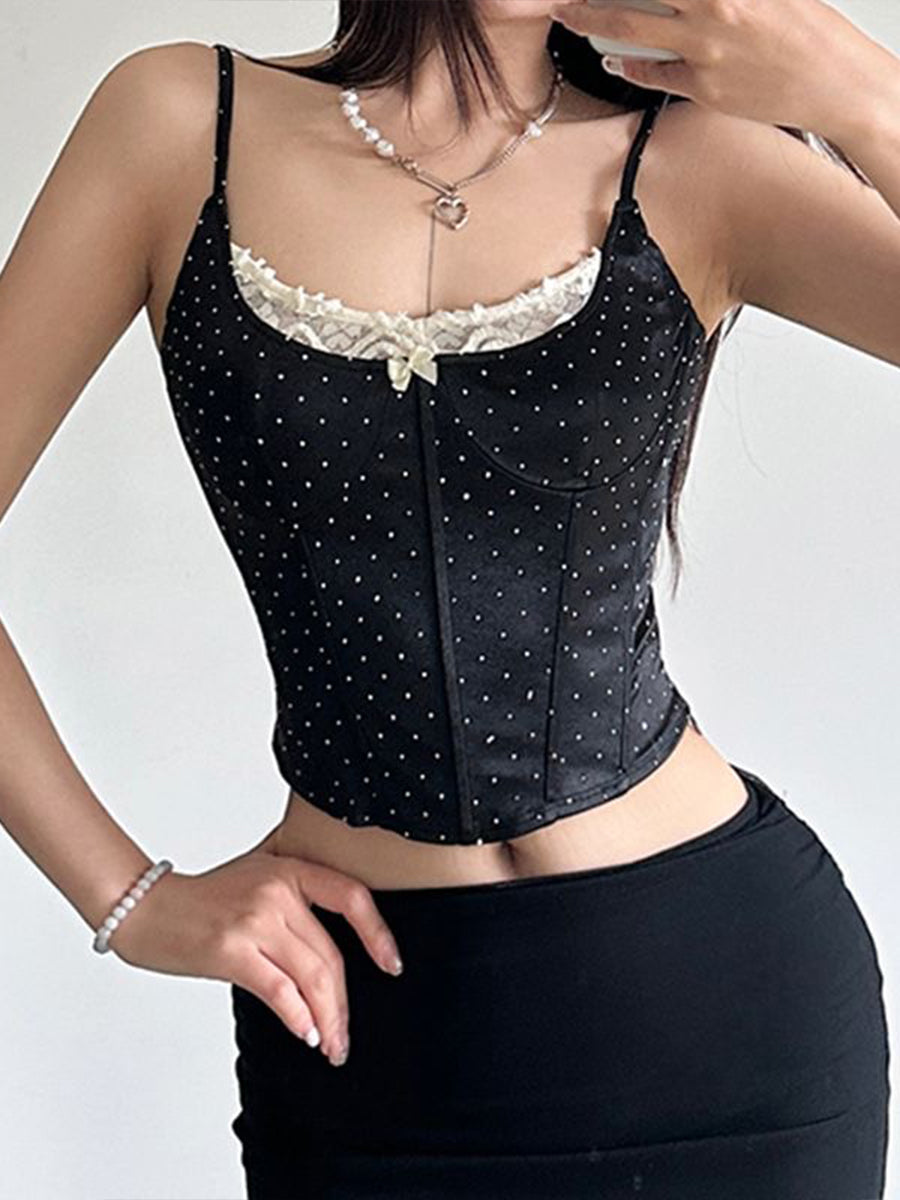 Y2K Corseted Fishbone Polka Dot Cami Top